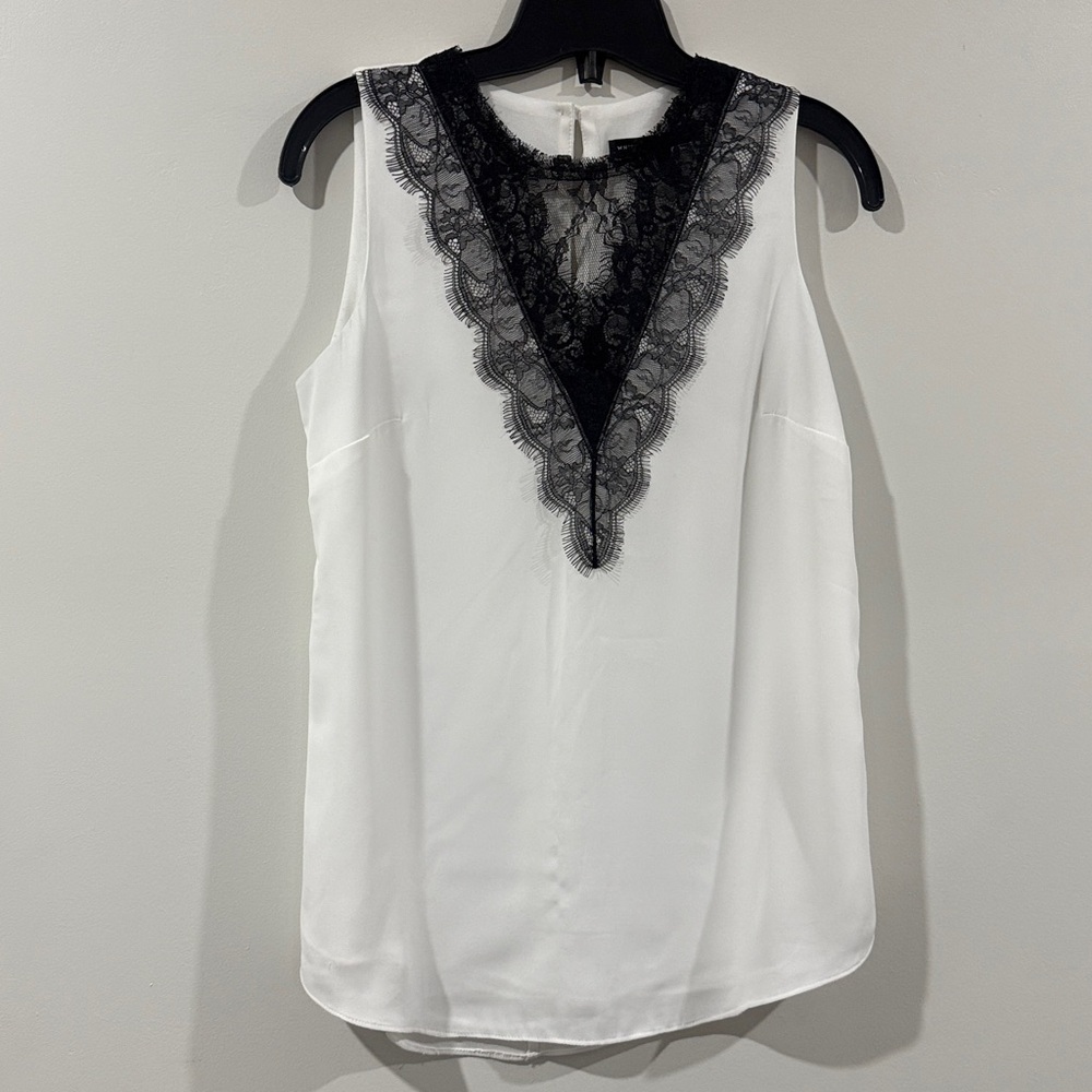 White House Black Market White Top with Black Lace Detail